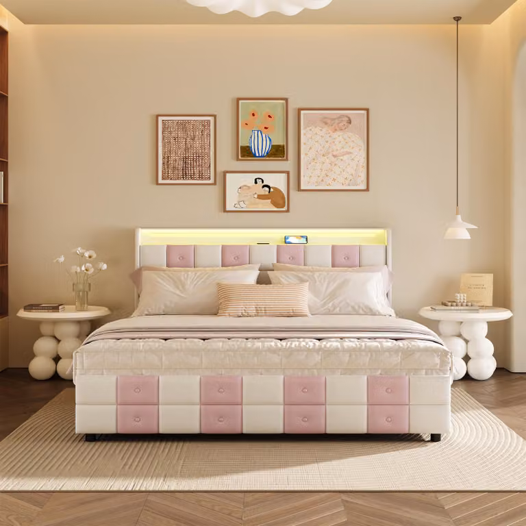 Letto imbottito Fortuna Lai 140 x 200 cm, letto matrimoniale con contenitore con USB e luce LED, letto per adulti con 4 cassetti, rete in legno, velluto, bianco + rosa
