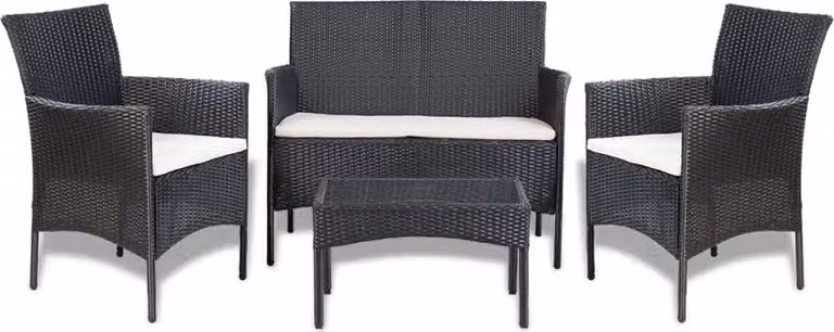 The Living Store Set salotto da giardino 4 pezzi con cuscini in poly rattan nero