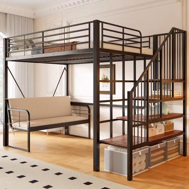 Letto a castello REDOM in metallo e legno nero con divano, scala contenitore e struttura a casetta, L/P/H: 200 x 140 x 251,5 cm