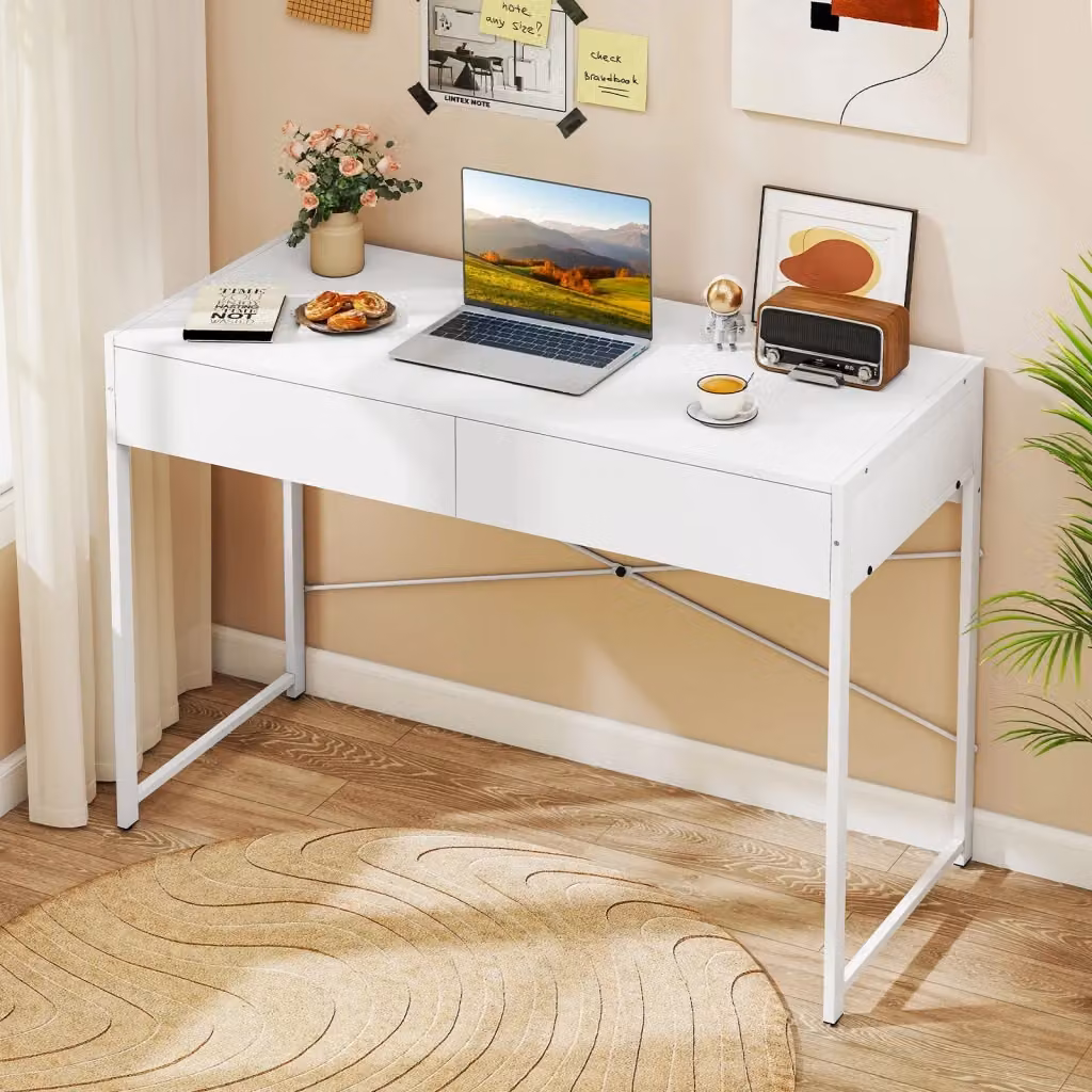 Scrivania moderna per computer e ufficio in MDF e metallo con 2 cassetti, Bianco, L: 111 cm, P: 48 cm, H: 76 cm – 2