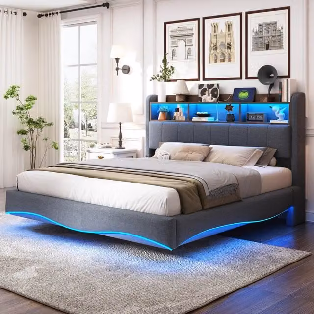 Letto imbottito sospeso in lino 160x200 cm con luci LED, porte USB e Type-C e contenitore, grigio