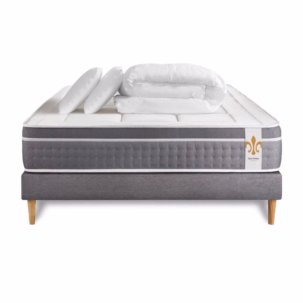 Pacchetto letto completo Litier Deluxe Tradition Trente con materasso ibrido, box spring, 2 cuscini e piumino, colore grigio, L/P: 200 x 200 cm – 2