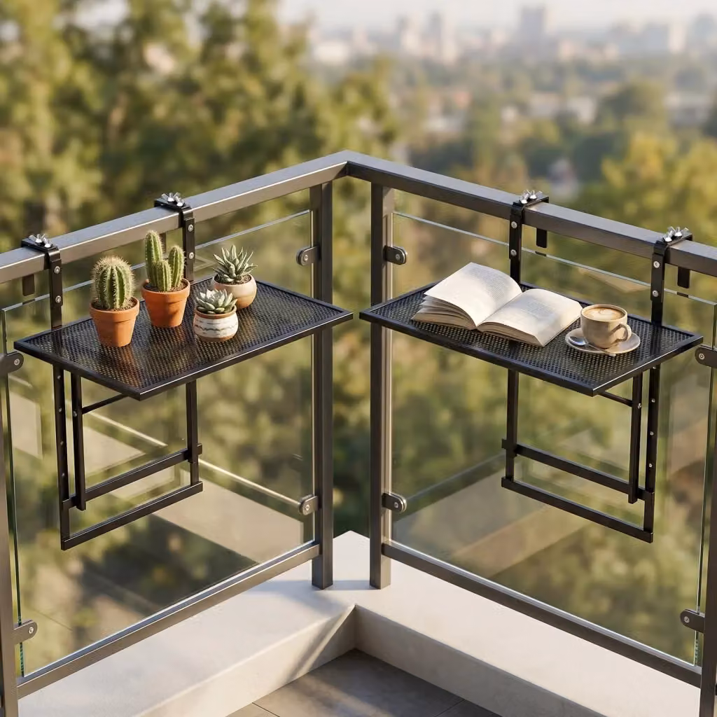 Set di 2 tavolini pieghevoli da balcone in metallo nero con altezza regolabile e piano rettangolare – 2