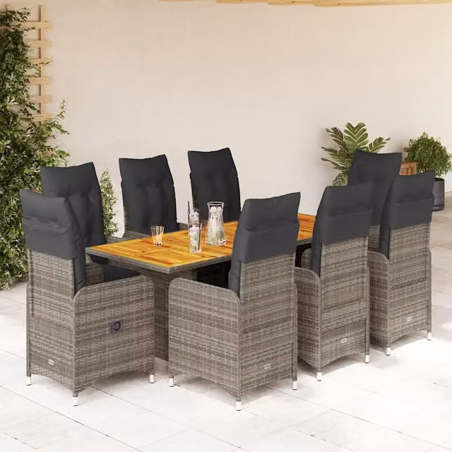Set Bistrò da Giardino vidaXL in Polyrattan Grigio con Cuscini e Tavolo in Legno di Acacia 9 pz – 1