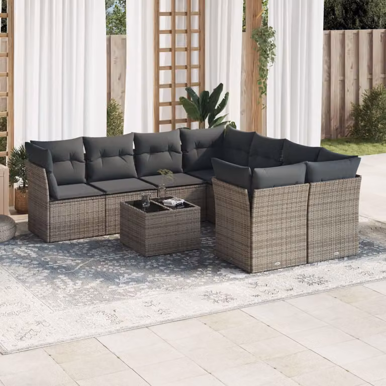 Set Divano da Giardino a L vidaXL 9 pz in Polyrattan Grigio con Cuscini e Tavolino da Esterno