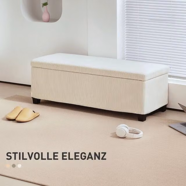 Panca contenitore imbottita con vano portaoggetti e struttura in acciaio in poliestere beige 112×42×40 cm
