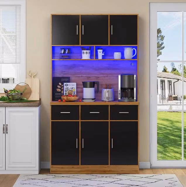Buffet multifunzionale 100x40x180 cm con illuminazione LED e controllo APP, cassetti, ripiani regolabili e prese integrate, ideale per cucina e sala da pranzo