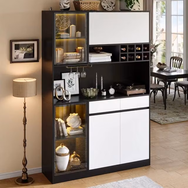 Cristalliera con LED portabottiglie vani aperti e chiusi in MDF nero e bianco per sala da pranzo 120 × 35 × 180 cm