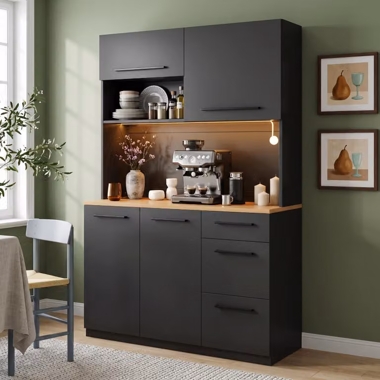 Armadio alto Flieks con scomparti multistrato, presa di corrente integrata e porte USB, mobiletto da cucina 120×40×180 cm, credenza, colore nero
