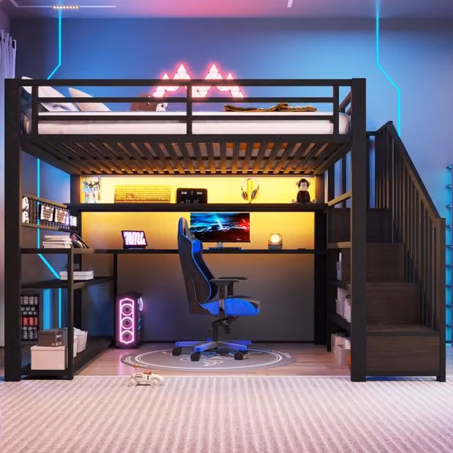 Letto a soppalco 140 × 200 cm con scrivania, armadio, LED RGB e contenitore, senza materasso, nero