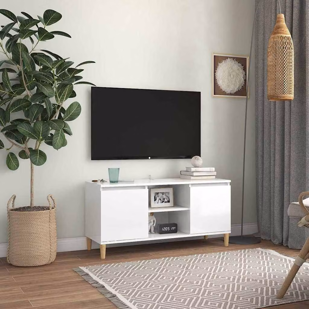 Mobile TV vidaXL in stile scandinavo con gambe in legno massello, Bianco Lucido, L: 103,5 cm, P: 35 cm, H: 50 cm