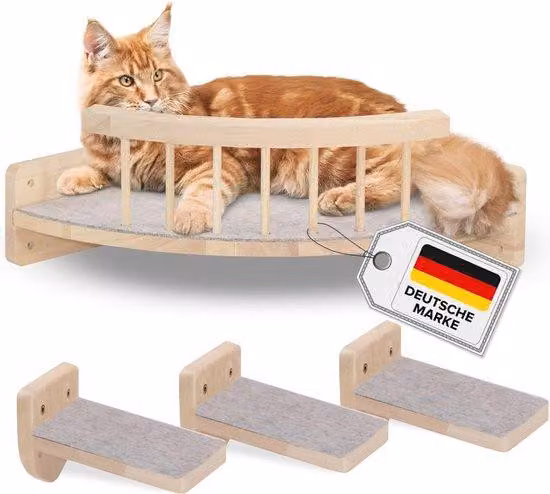 Parete da arrampicata per gatti con rivestimento in legno e velluto, 3 gradini, ripiano angolare, grigio