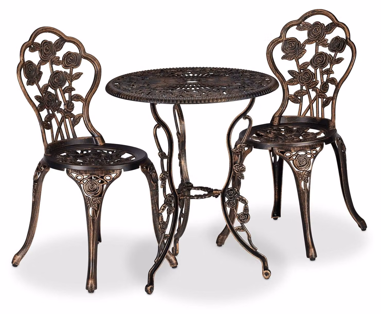 Set di mobili da giardino Relaxdays, 3 pezzi, tavolo e 2 sedie, mobili da balcone in stile vintage, fusione di alluminio, salottino da giardino, nero/bronzo