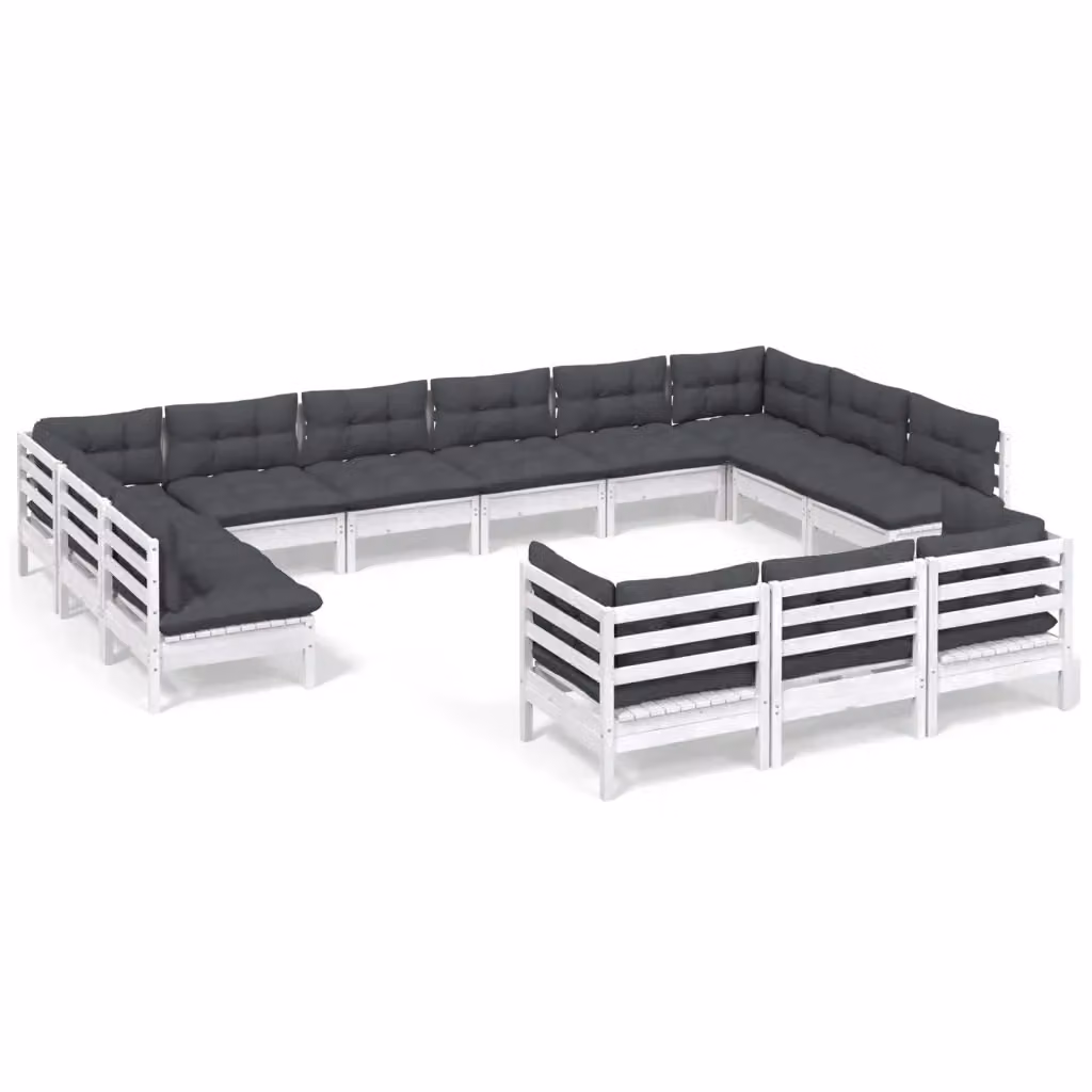 Set di Divani da Giardino a Forma di U vidaXL in Legno di Pino con Cuscini Bianchi e Antracite – 2