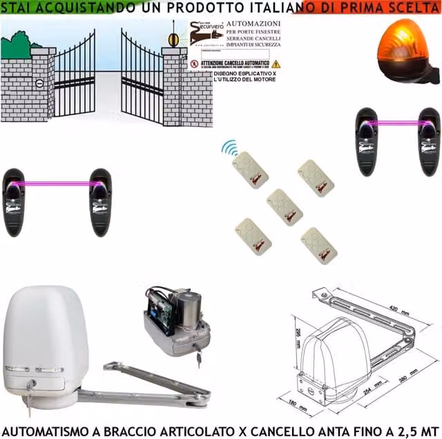AUTOMAZIONE CANCELLO KIT MOTORE A BRACCIO ARTICOLATO 220/24 V ANTA BATTENTE DA 0,5 A 2,5 MT CENTRALE 5 RADIOCOMANDI FARO 2 FOTOCELLULE