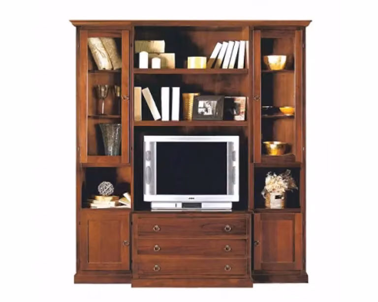 Parete attrezzata porta tv Mobili 2G in legno color noce con dettagli in vetro L: 188 cm, P: 55 cm, H: 212 cm