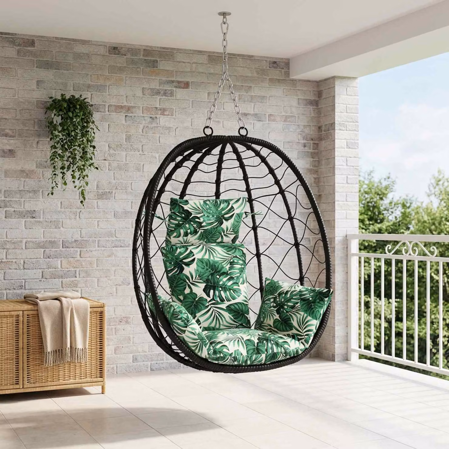 Cuscino Adirondack vidaXL PUTTEN con motivo a foglie verde, 100% poliestere, resistente ai raggi UV e lavabile