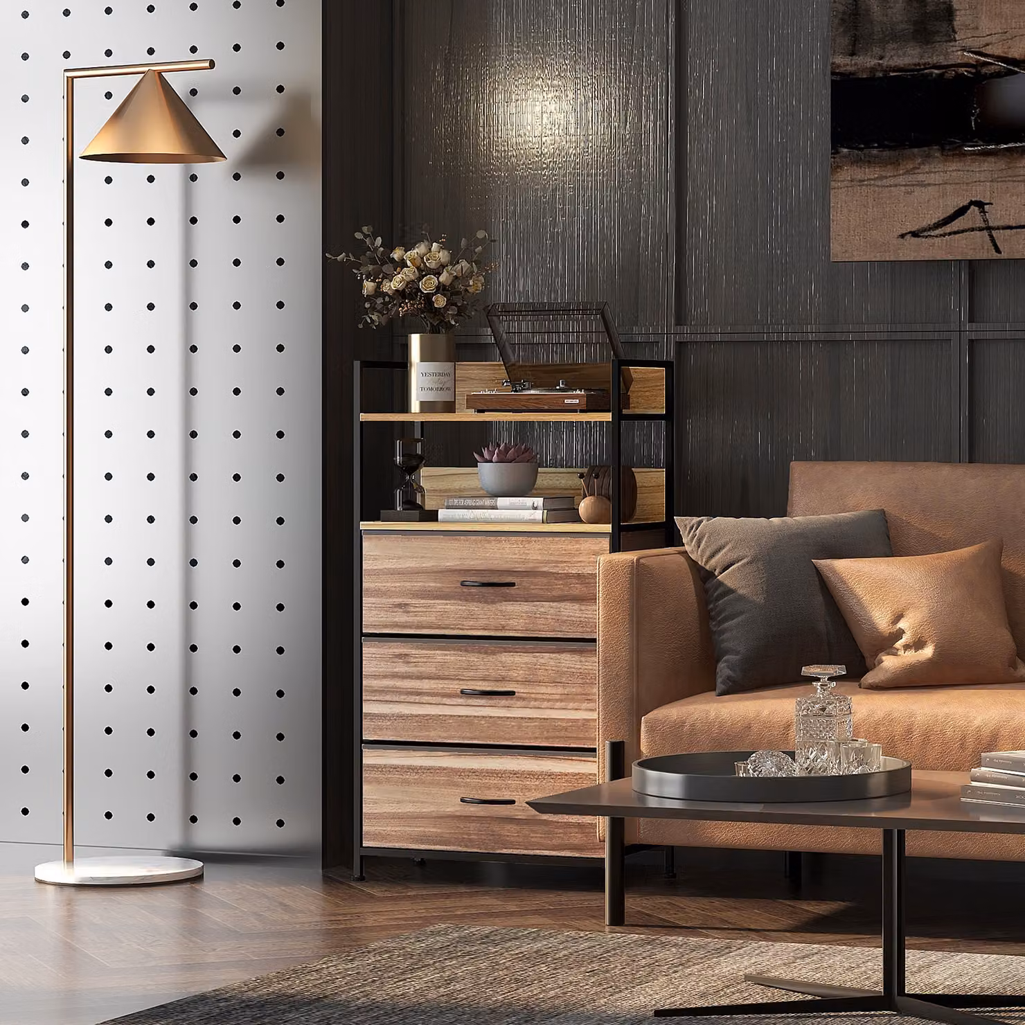 Mobiletto HOMCOM in stile industriale con 3 cassetti in tessuto rimovibili e 2 ripiani, beige e marrone, L: 60 cm, P: 29 cm, H: 101 cm – 2