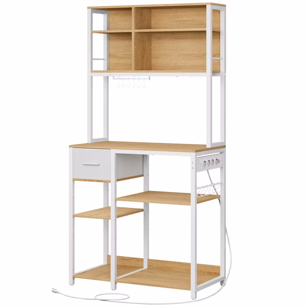 VASAGLE Scaffale Cucina con Multipresa | SONGMICS HOME, Rovere Dorato + Bianco Nuvola / 80l cm