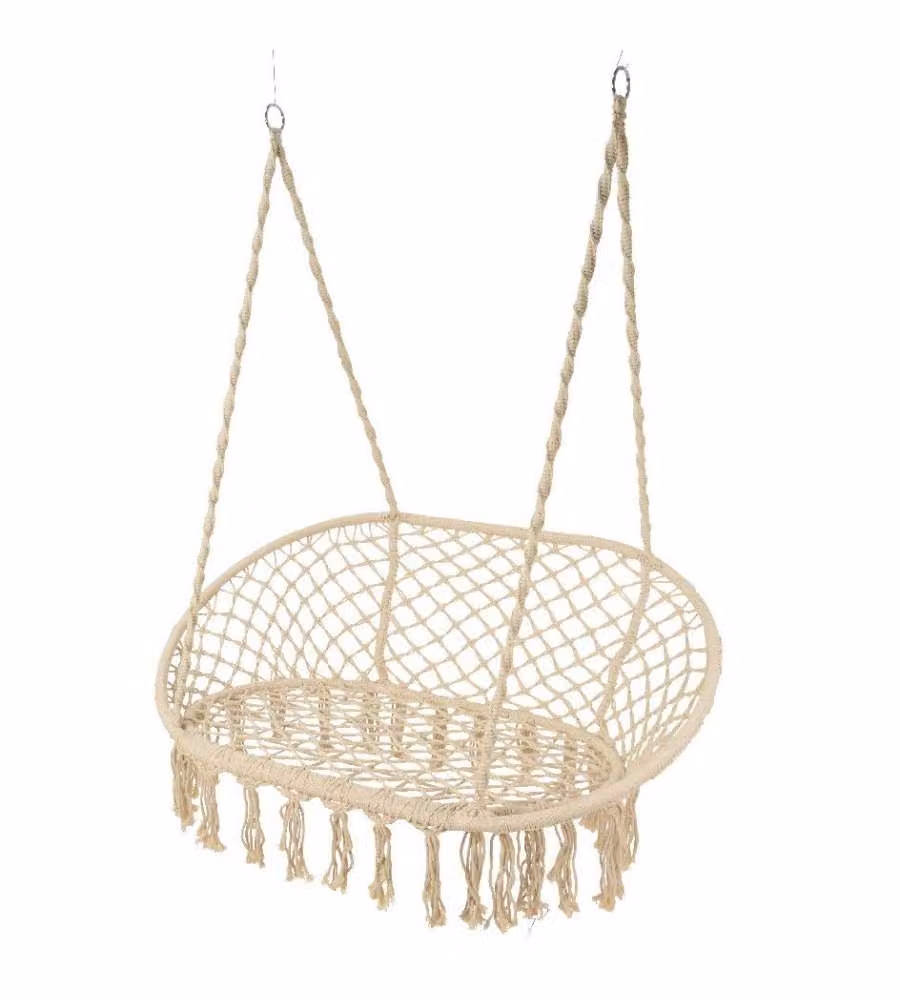 Sedia Amaca Due Posti Crema in Cotone con Frange 82x130x153 cm