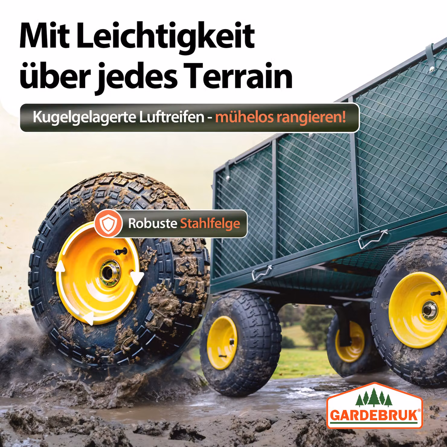 Carrello di trasporto GARDEBRUK verde con 4 pneumatici e telone, portata 550 kg, L 110 x P 75 x H 52 cm – 2
