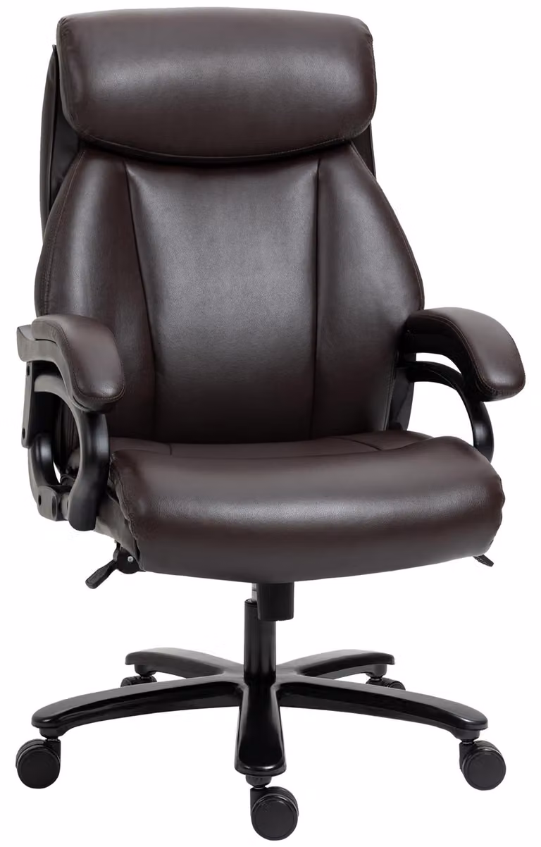 Poltrona Moonbite con imbottitura extra spessa, adatta a carichi fino a 180 kg, sedia da ufficio regolabile in altezza, con poggiatesta, braccioli e funzione basculante, realizzata in schiuma, colore marrone