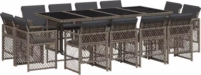 Set da Pranzo da Giardino 13pz con Cuscini Grigio in Polyrattan