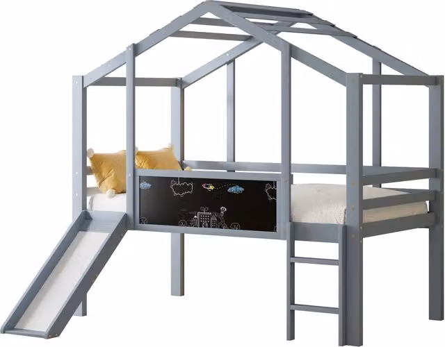 Letto a Soppalco Singolo in Legno Grigio con Scaletta e Lavagna per Cameretta Bambini L/P/H: 200 x 90 x 174.5 cm