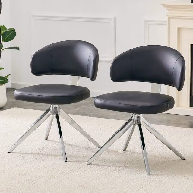 Sedia girevole moderna OKWISH in ecopelle nera con base in metallo e ruote per ufficio e soggiorno