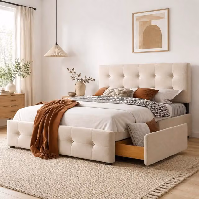 Letto matrimoniale imbottito ULEVR 140x200 cm con 4 cassetti estraibili e rete a doghe, beige