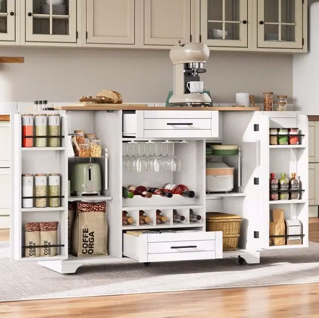 Carrello cucina ULEVR 138x45/70x92 cm con piano ribaltabile, portabottiglie per 9 bottiglie e ruote, bianco naturale