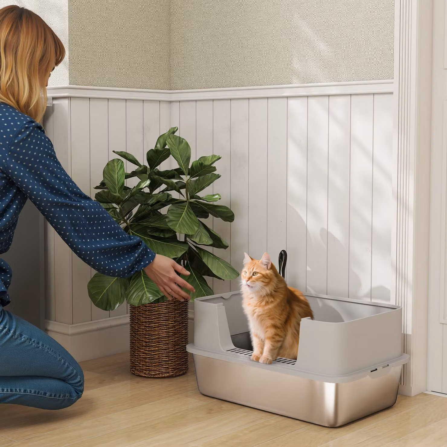 Lettiera per gatti XL PawHut in acciaio inox con paletta, lati alti antiperdita e antiodore, grigio, per gatti fino a 7 kg – 2