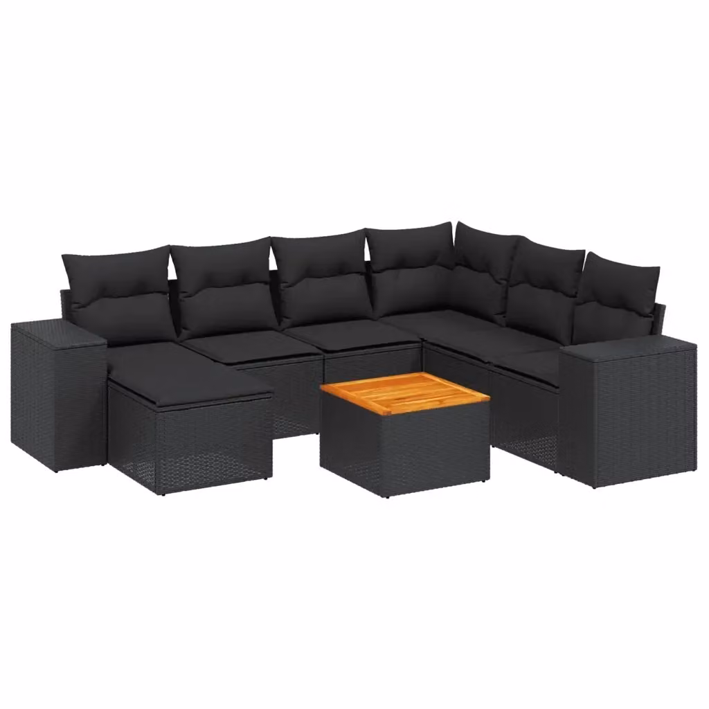 Set Divani da Giardino a L vidaXL in Polyrattan Nero con 8 Cuscini e Tavolino – 2
