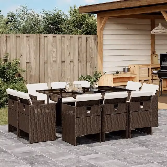 Set da Pranzo da Giardino 11 pz con Cuscini Polyrattan Marrone 3210669