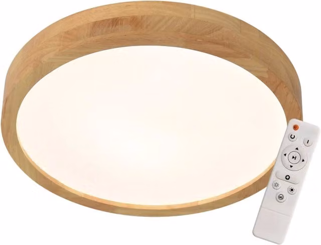 Plafoniera LED LÚZETE Harald con telecomando e finitura in legno marrone, design moderno e forma rotonda