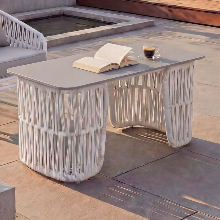 Tavolino da salotto HWC-P90, tavolo da giardino, tavolo da balcone, outdoor, intreccio in corda, pietra sinterizzata 43x90x45 cm ~ grigio chiaro, piano grigio