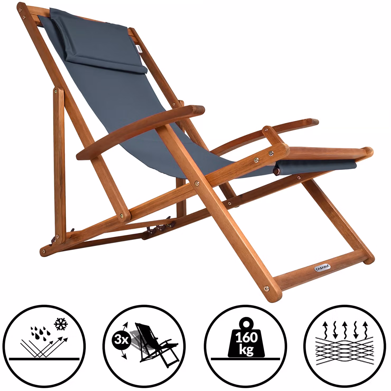 Sedia sdraio Casaria in legno di acacia con cuscino antracite L/P/H: 60 x 94 x 94 cm – 3