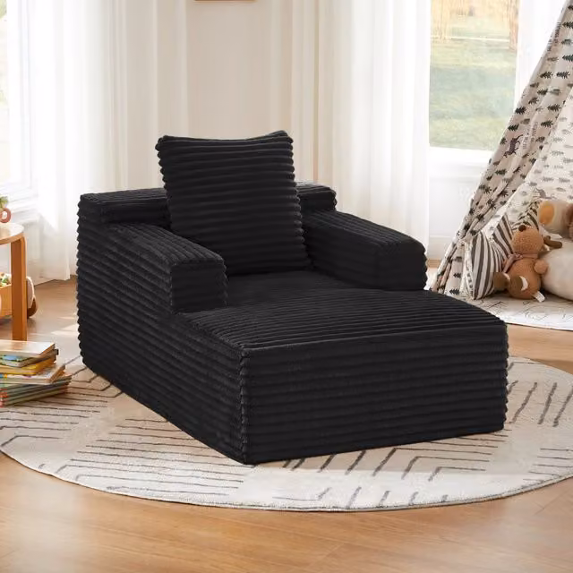 Divano Chaise Longue REDOM in Velluto a Coste Nero con Funzione Letto e Cuscini Inclusi
