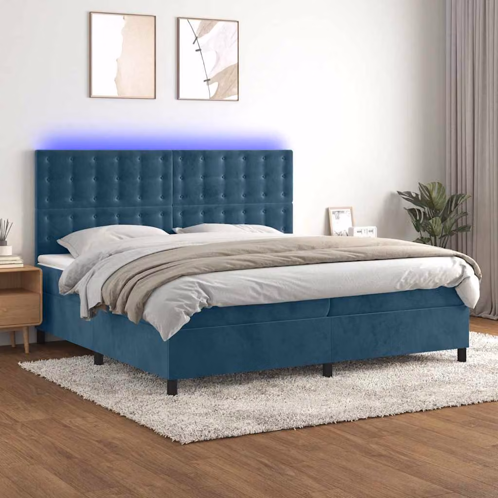 Letto Ibrido vidaXL con Materasso e Illuminazione LED Sotto il Letto, Tessuto Velluto Blu e Bianco, L/P: 200 x 200 cm – 1