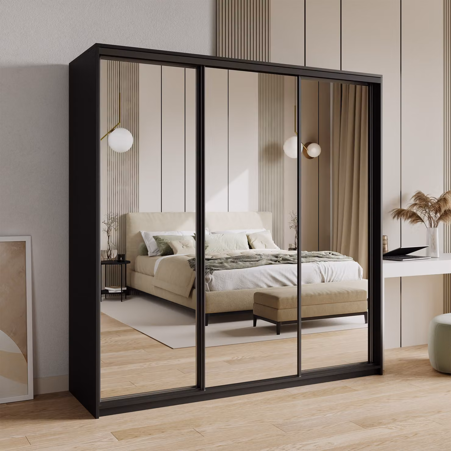 Armadio scorrevole Masseno RIEN 200/205/60 cm Armadio con cassetti Armadio per camera da letto a 3 ante con specchio Nero + Nero