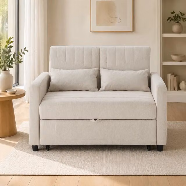 Divano letto estraibile REDOM a 2 posti in tessuto beige con poggiatesta regolabile e cuscini inclusi L: 166 cm, P: 95 cm