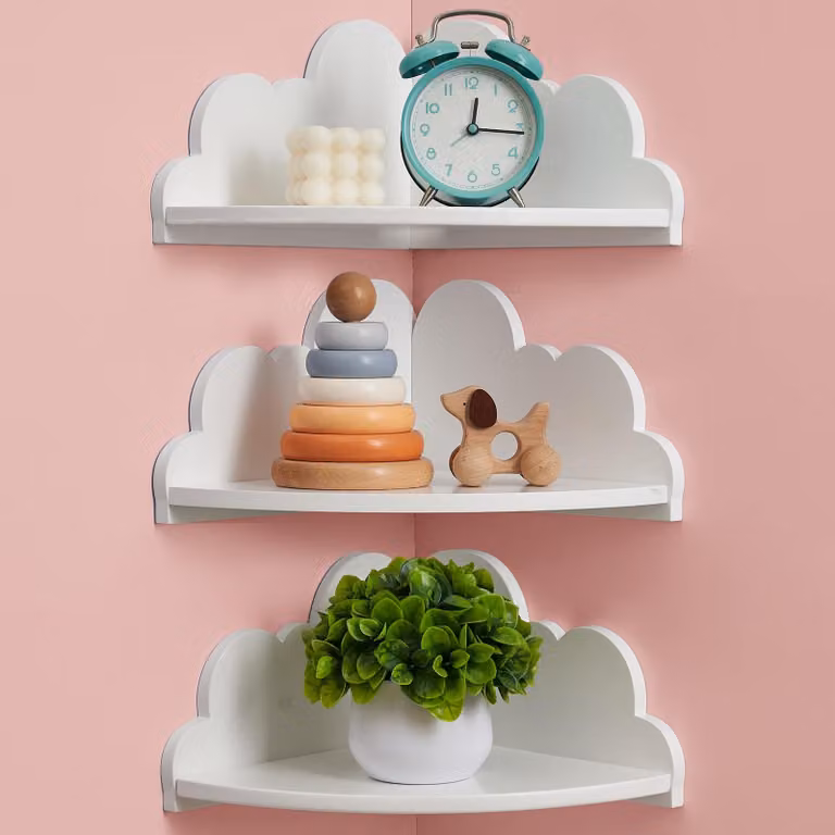 Set di 3 mensole angolari in legno, colore bianco, dimensioni 25,4 x 25,4 cm, da montare a parete