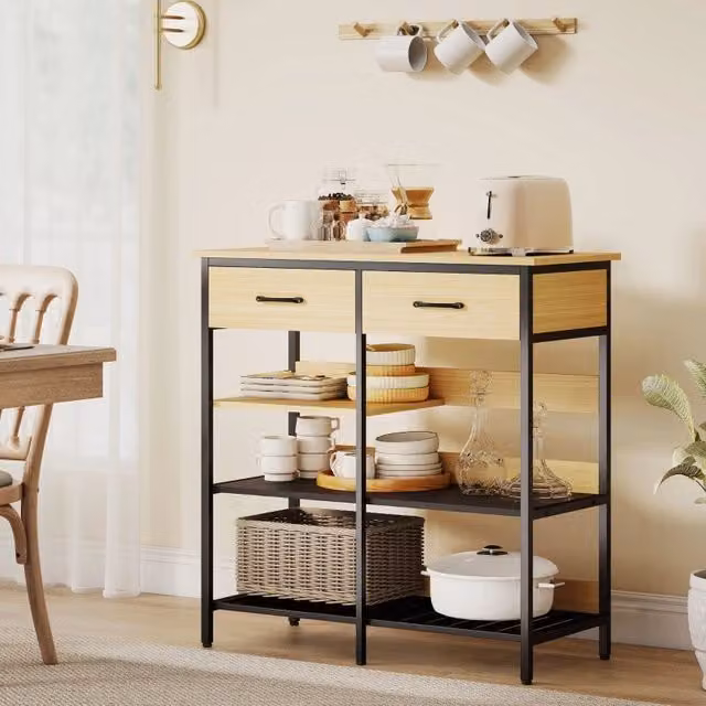 Credenza in stile industriale WISHDOR con 2 cassetti e 3 ripiani aperti, mobile per cucina o soggiorno in MDF e metallo, colore marrone e nero, L 90 cm x P 40 cm x H 91 cm