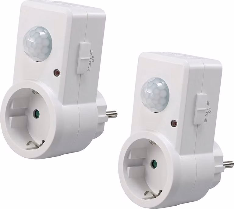 Presa ChiliTec con sensore di movimento a 120°, portata 9 m, 1200 W, 230 V, spina adattatrice, tempo di accensione regolabile da 10 sec. a 15 min., sensibilità regolabile, bianco, 2 pezzi