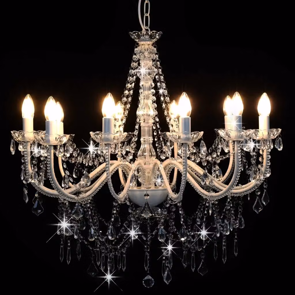 Lampadario a soffitto vidaXL con perline in cristallo e metallo, colore bianco e argento, per 12 lampadine E14 – 2