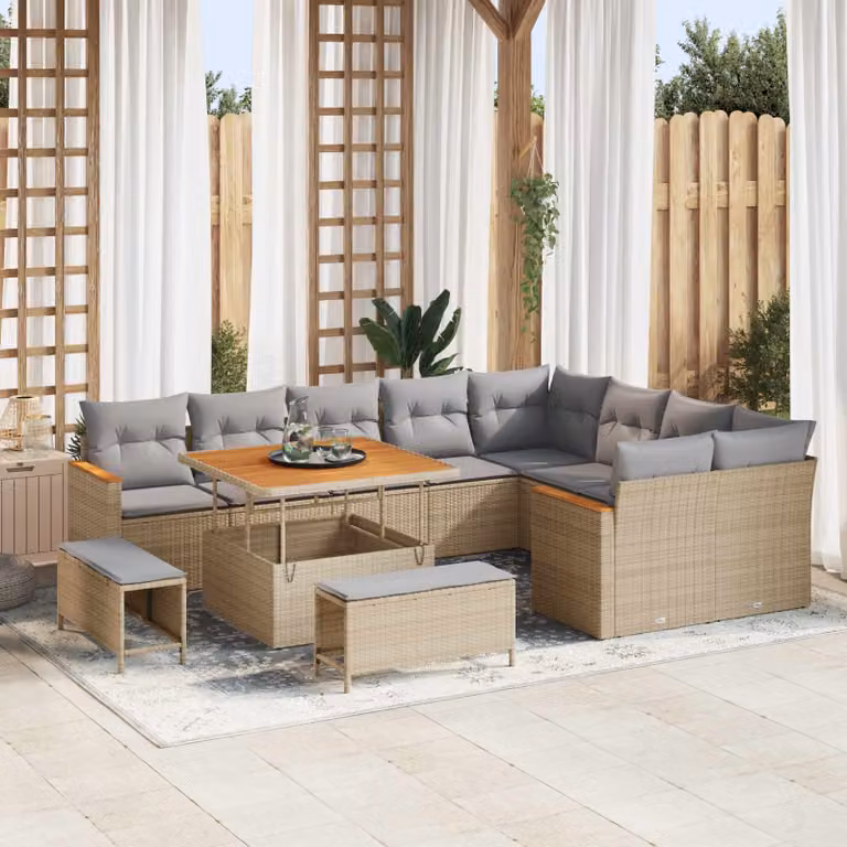 Set Divano da Giardino vidaXL 12 Pezzi in Polyrattan Beige con Cuscini e Tavolino per Esterno