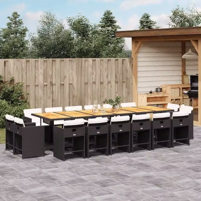 Set da pranzo da giardino vidaXL in polyrattan nero con cuscini e tavolo in legno di acacia 17 pz