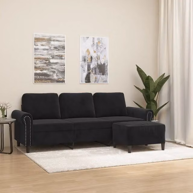 Divano a 3 posti moderno vidaXL in velluto nero con poggiapiedi coordinato L: 212 cm, P: 80 cm, H: 77 cm – 1