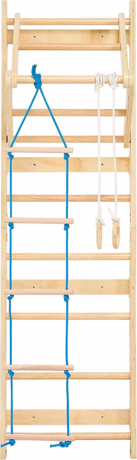 SucceBuy Parete di scale svedesi 4 in 1, gioco di arrampicata a 8 gradini in legno massiccio, caricabile fino a 100 kg, struttura di arrampicata per interni con anelli ginnici, barra per trazioni, scala di corda e scala a muro