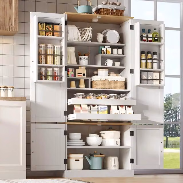 Armadi da cucina, colonne e contenitori bianchi con sensore di movimento, ripiani regolabili, mensole sulle ante e cassetti. Per cucina, sala da pranzo e soggiorno